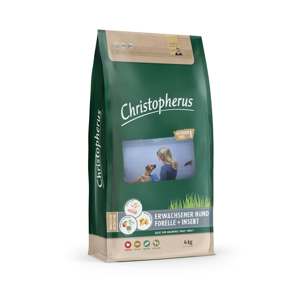 Christopherus Getreidesfreies Premium Trockenfutter für Hunde erwachsener und ausgewachsener Hund Sorte Forelle und Insekt 4kg Verpackung