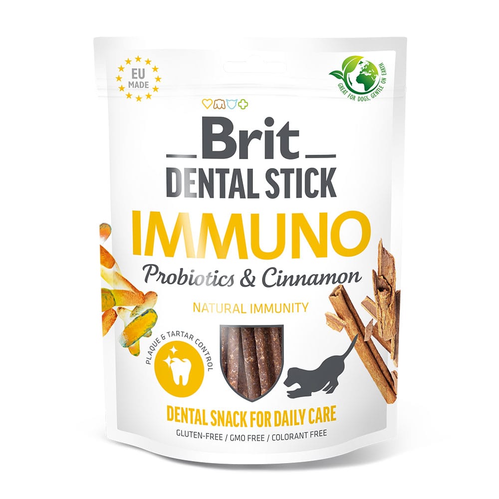 Brit Hund Premium Snacks Zahnpflege Dental Stick Immuno Probiotics Cinnamon Immunität Probiotika Zimt Verpackung 251g