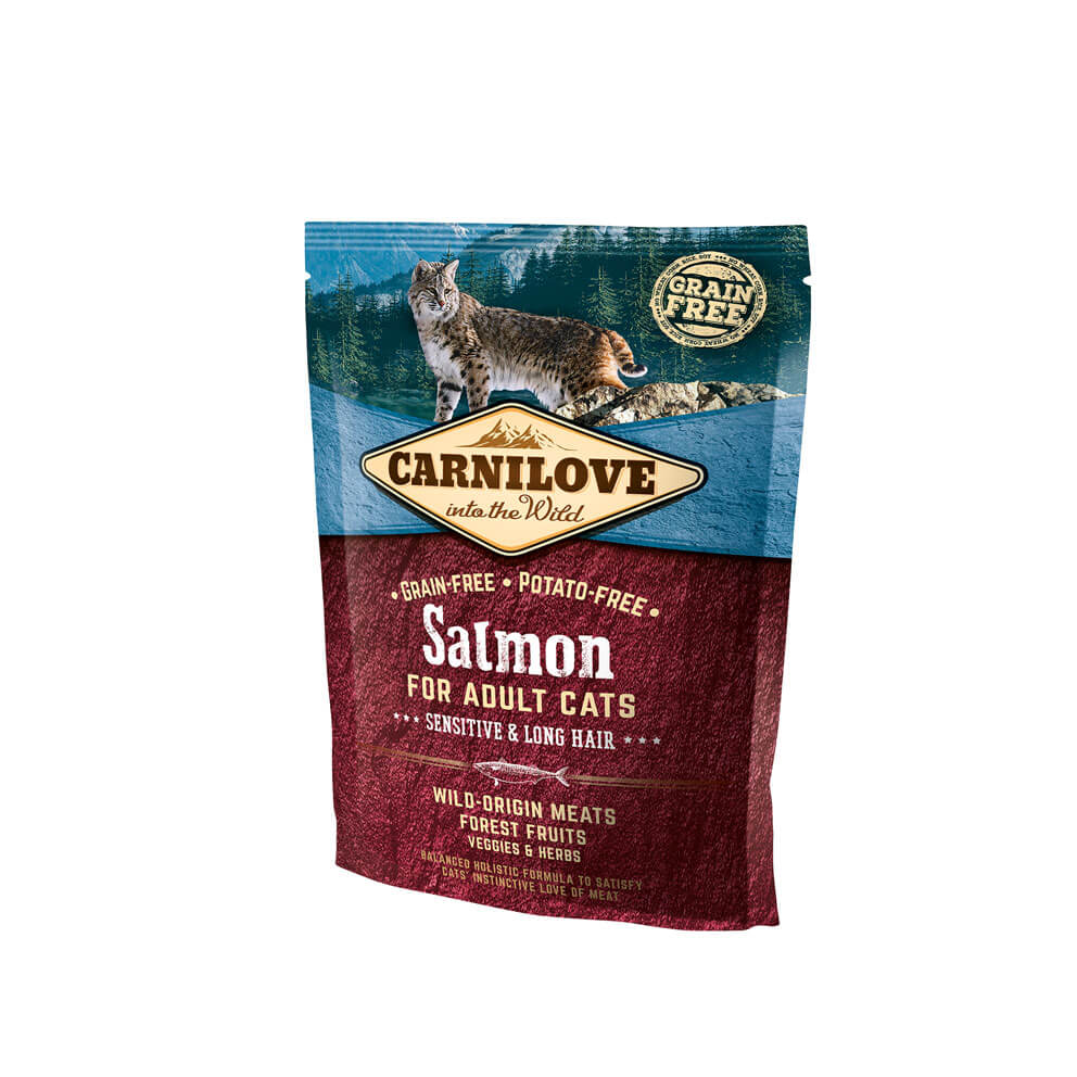 Carnilove Katze Premium Trockenfutter Salmon Sensitive Long Hair Lachs Sensitive Langhaarkatzen 50g Verpackung Probe