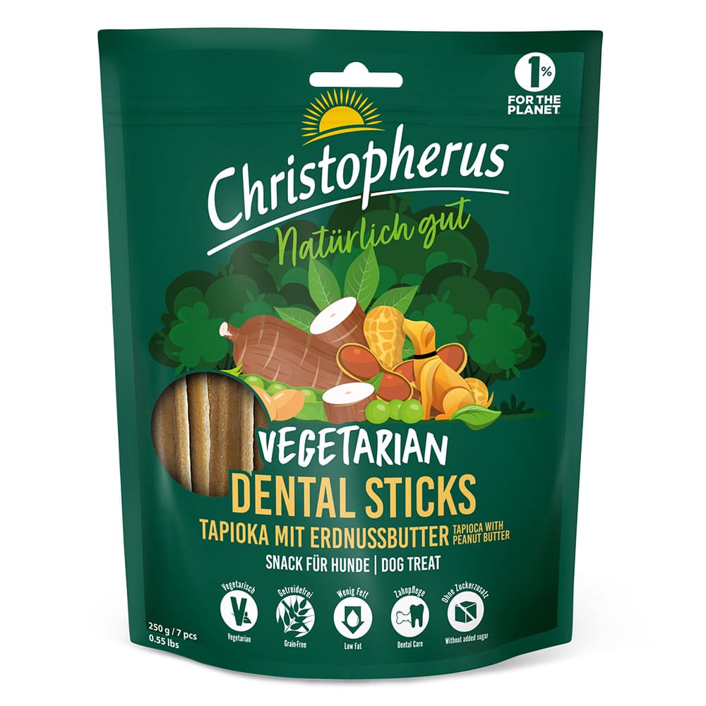 Christopherus Hund Vegetarisch Vegetarian Snack Dental Sticks Tapioka mit Erdnussbutter 250g Verpackung