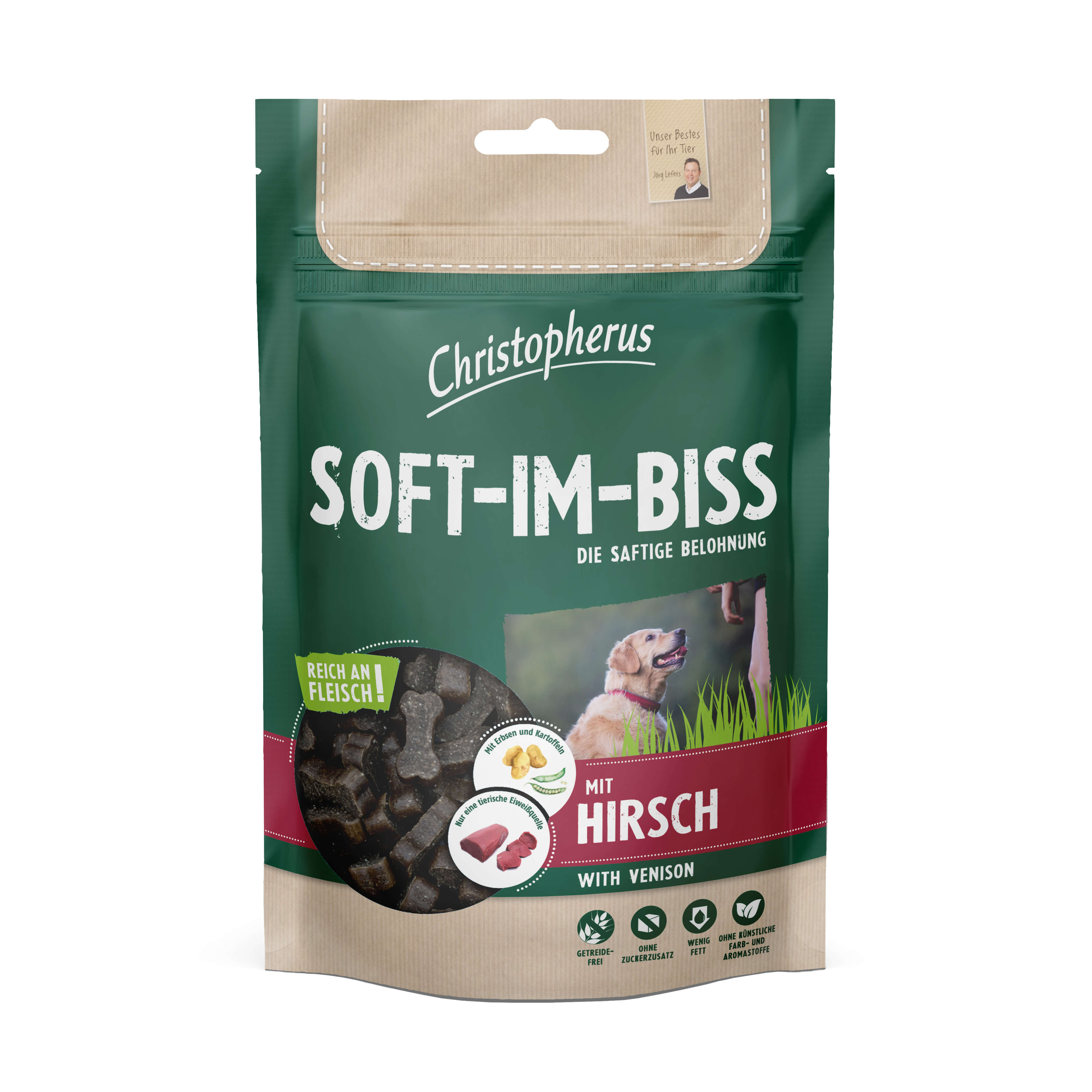Christopherus Weicher Snack für Hunde Soft-im-Biss Hirsch 125g Verpackung