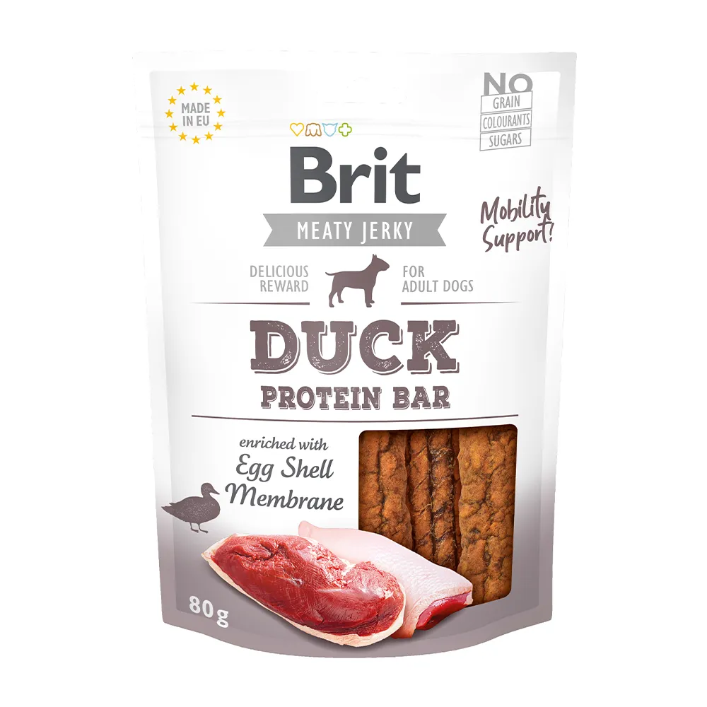 Brit Hund Premium Snacks Meaty Jerky Protein Bar Duck with Egg Shell Membrane Riegel Ente mit Eierschalen-Membran Verpackung 80g