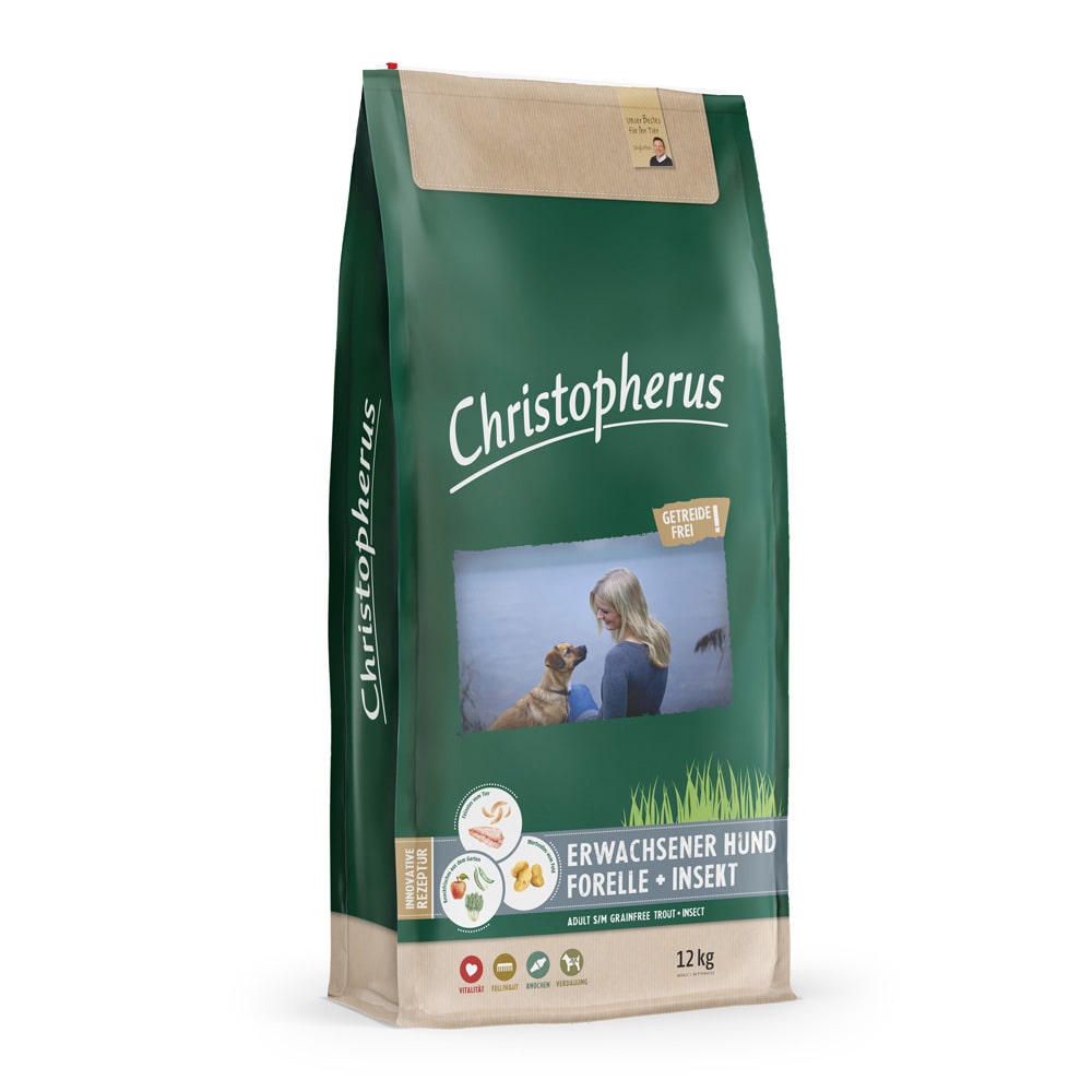 Christopherus Getreidesfreies Premium Trockenfutter für Hunde erwachsener und ausgewachsener Hund Sorte Forelle und Insekt 12kg Verpackung