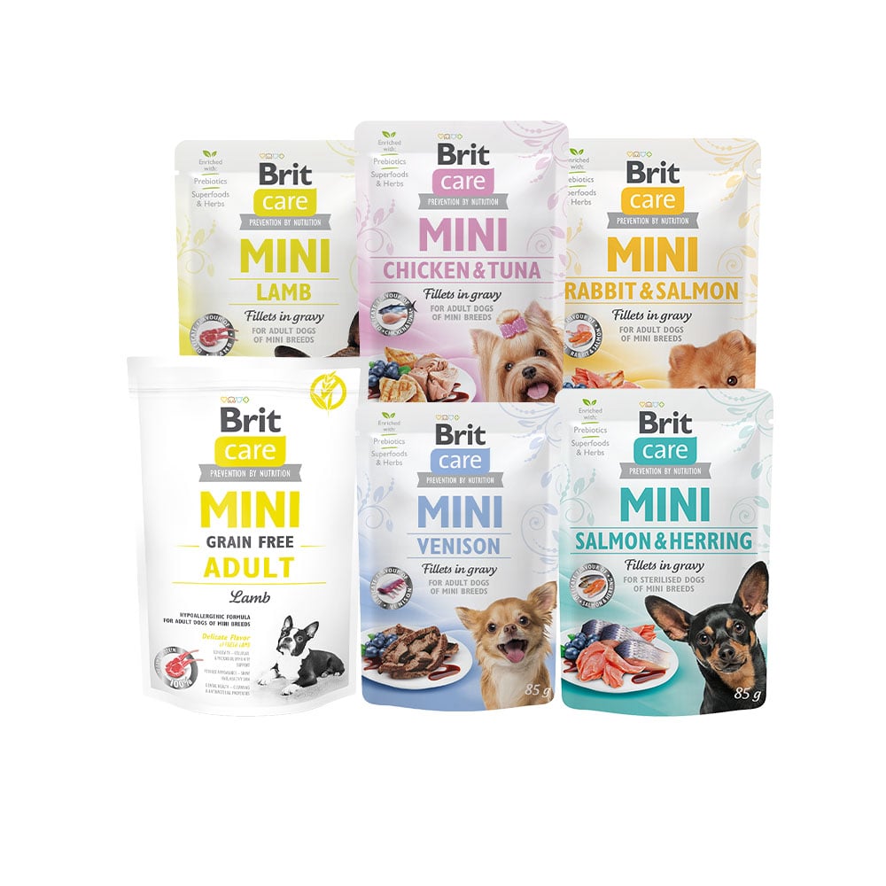 Brit Care Mini Premium Hundefutter für kleine und sehr kleine Hunde Nassfutter Pouch Box Inhalt