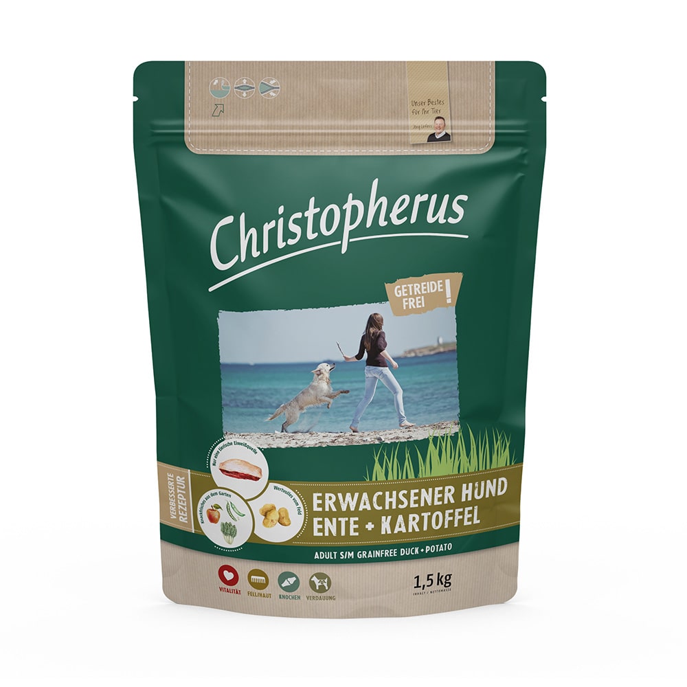 Christopherus Getreidesfreies Premium Trockenfutter für Hunde erwachsener und ausgewachsener Hund Sorte Ente und Kartoffel 1,5kg Verpackung