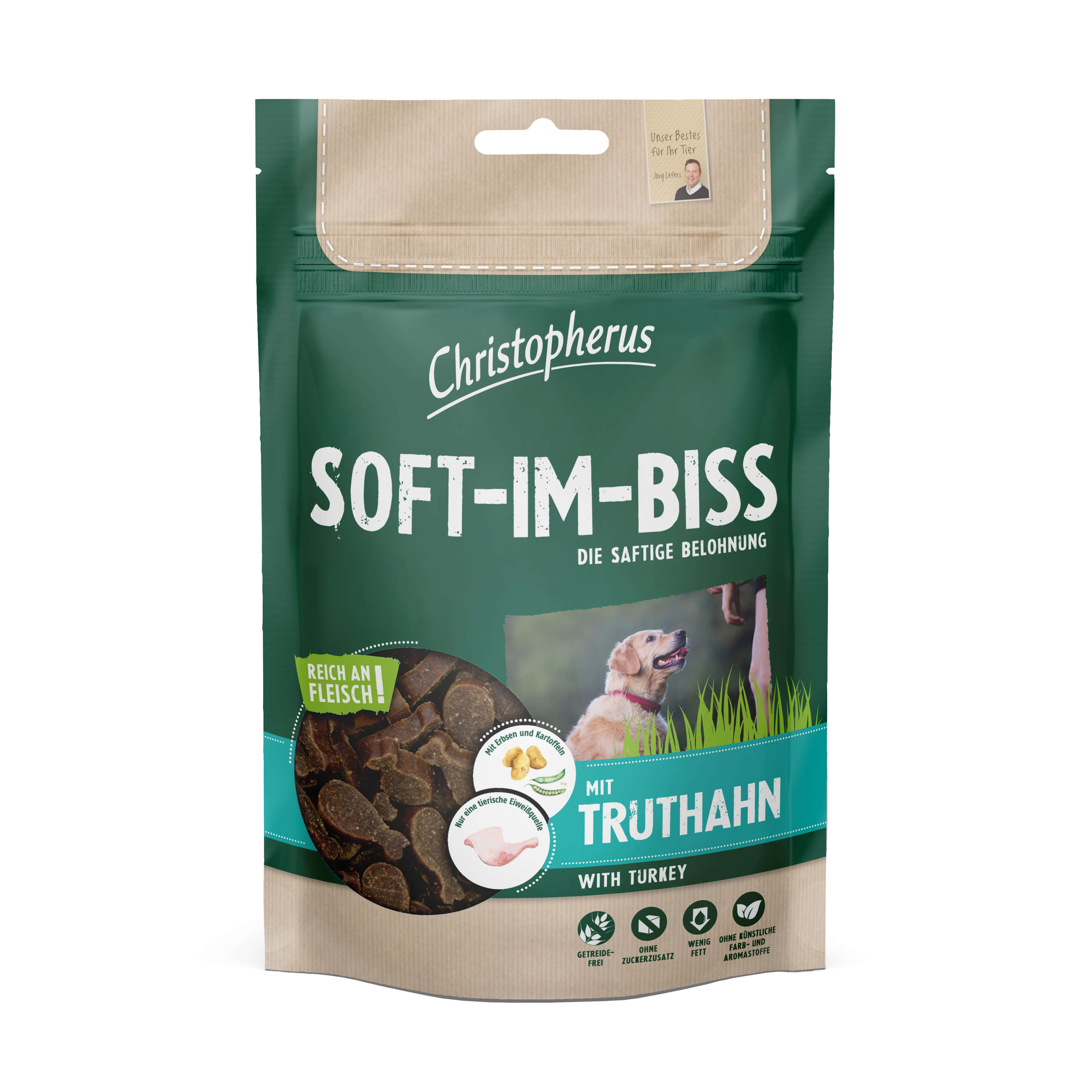 Christopherus Weicher Snack für Hunde Soft-im-Biss Truthahn 125g Verpackung