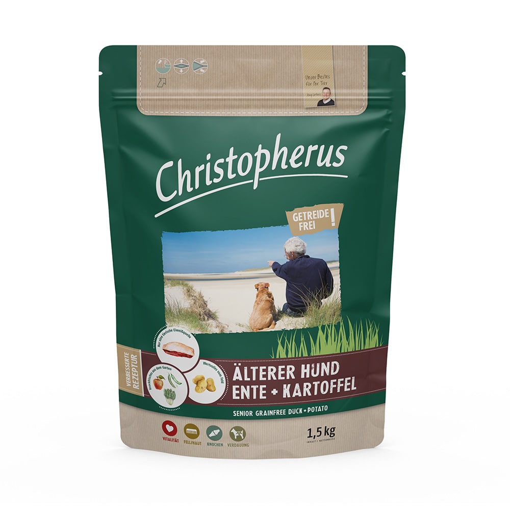 Christopherus Getreidesfreies Premium Trockenfutter für Hunde Älterer Hund Sorte Ente und Kartoffel 1,5kg Verpackung
