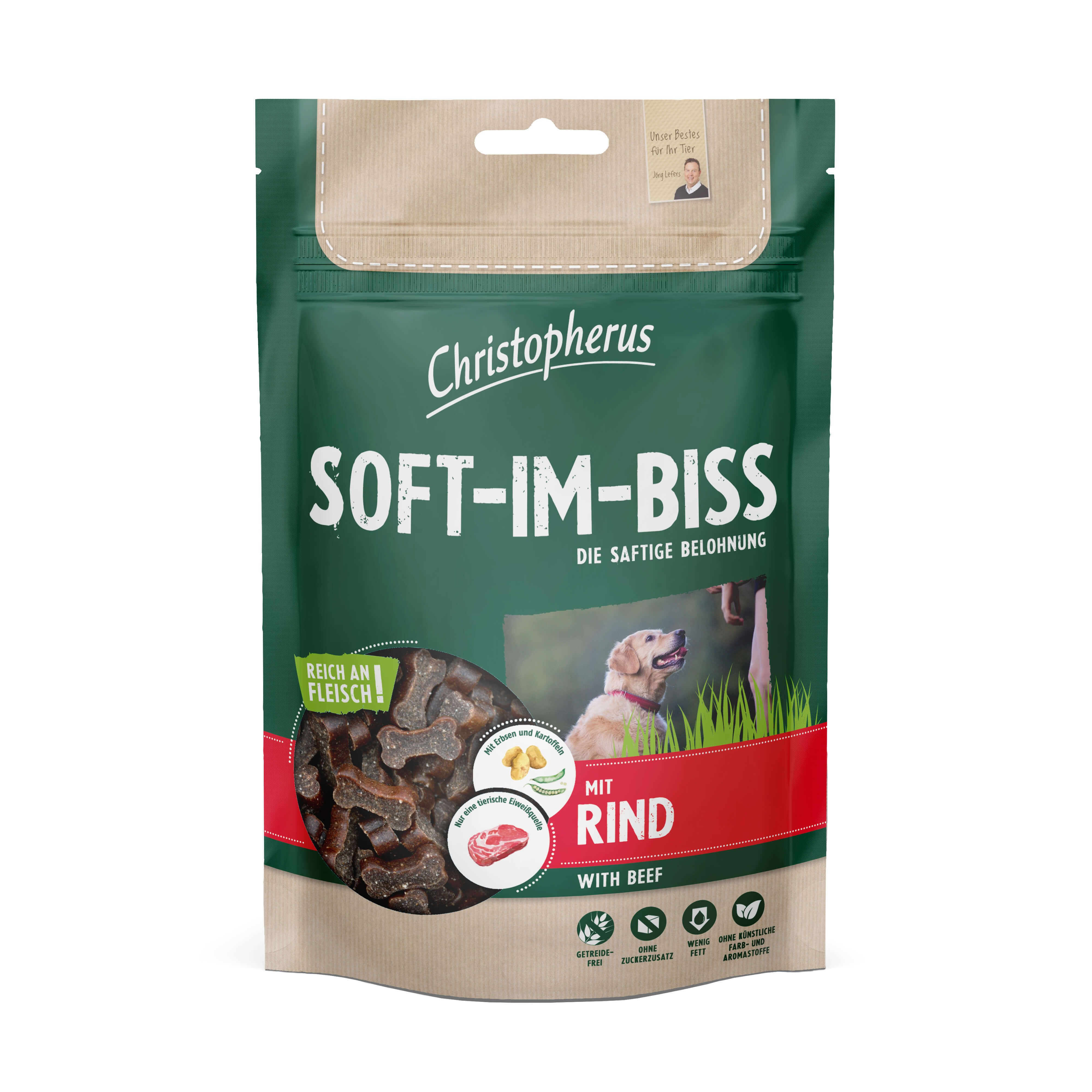 Christopherus Weicher Snack für Hunde Soft-im-Biss Rind 125g Verpackung