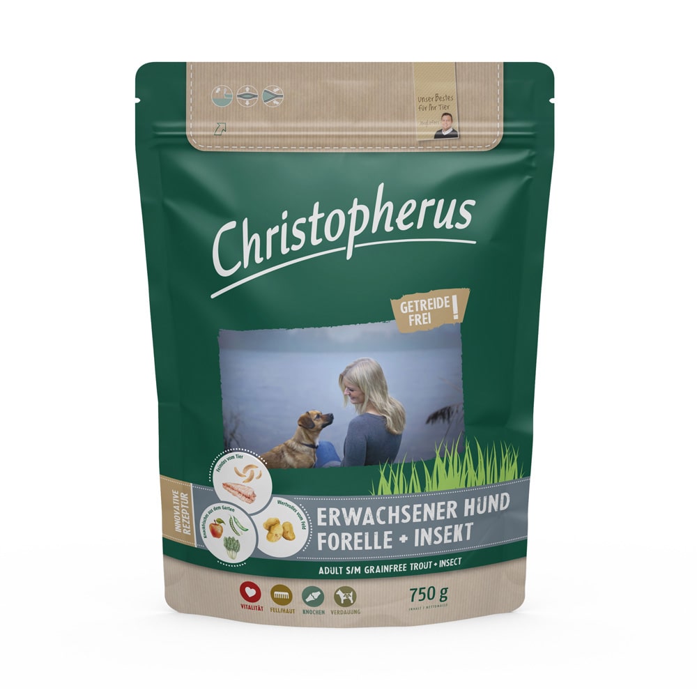 Christopherus Getreidesfreies Premium Trockenfutter für Hunde erwachsener und ausgewachsener Hund Sorte Forelle und Insekt 750g Verpackung