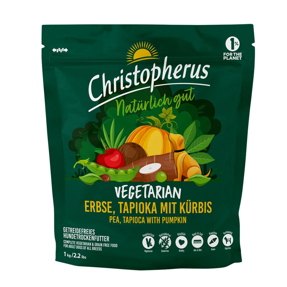 Christopherus Hund Vegetarisch Vegetarian Trockenfutter Erbse Tapioka mit Kürbis 1kg Verpackung