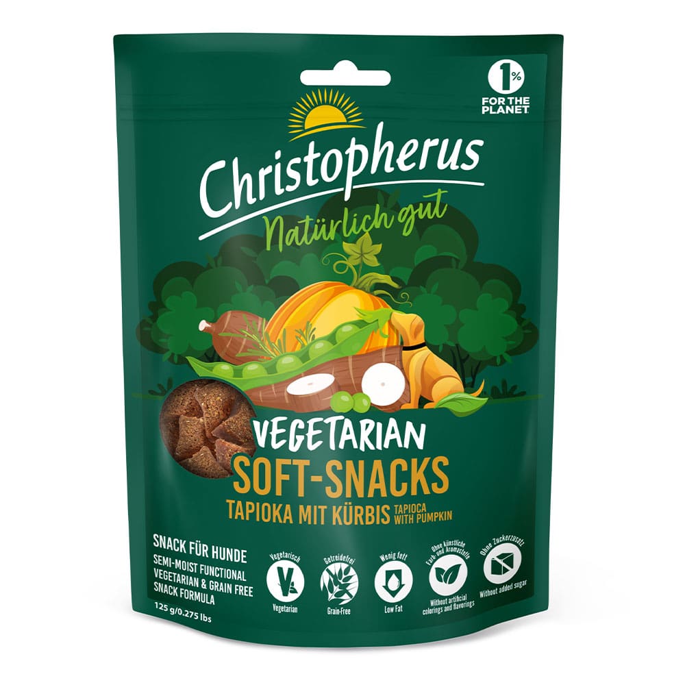 Christopherus Hund Vegetarisch Vegetarian Snack Soft Snack Tapioka mit Kürbis 125g Verpackung