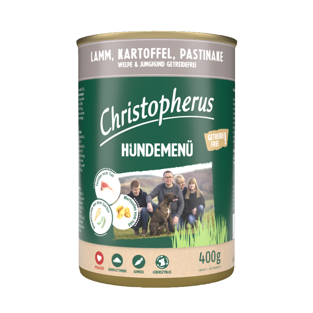Christopherus Hundemenü Junior mit Lamm, Kartoffel, Pastinake (6er Pack)