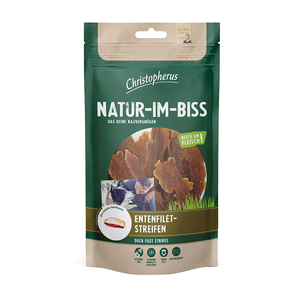 Christopherus Snack für Hunde Natur-im-Biss Enten Filetstreifen 70g Verpackung