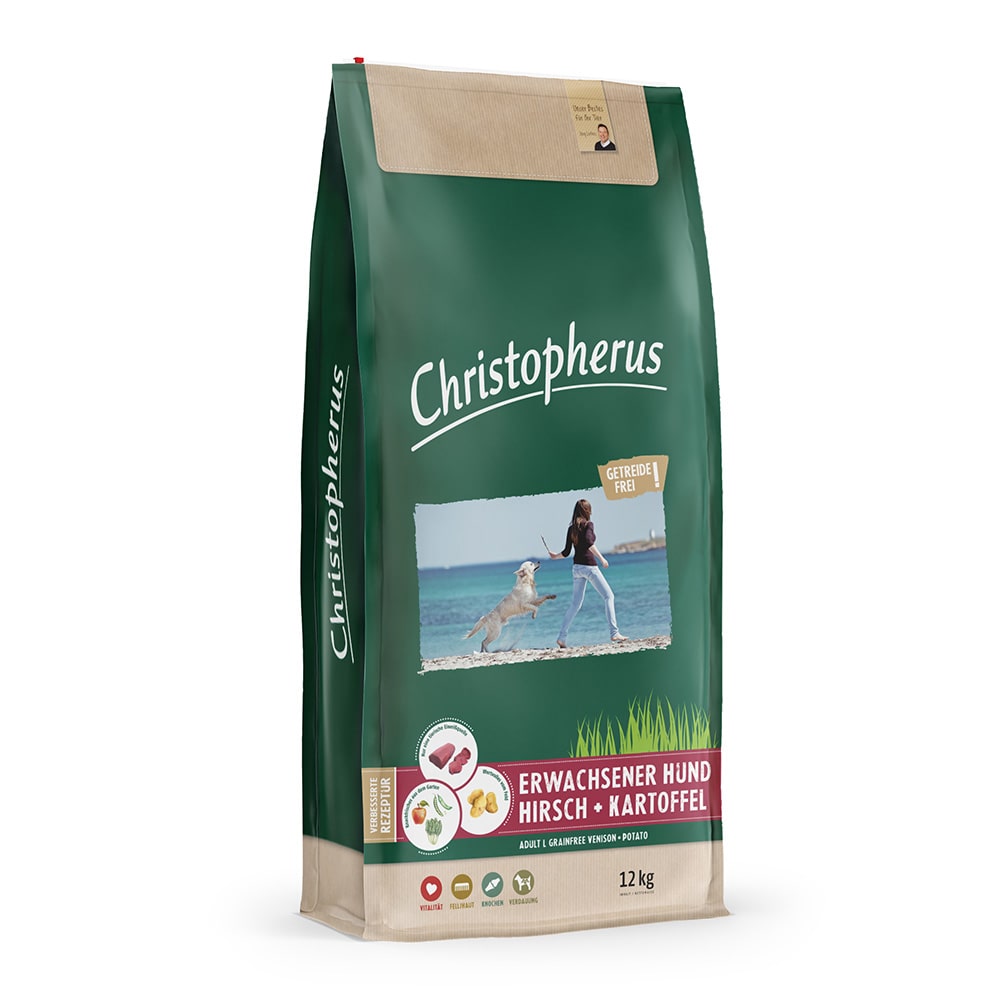 Christopherus Getreidesfreies Premium Trockenfutter für Hunde erwachsener und ausgewachsener Hund Sorte Hirsch und Kartoffel 12kg Verpackung