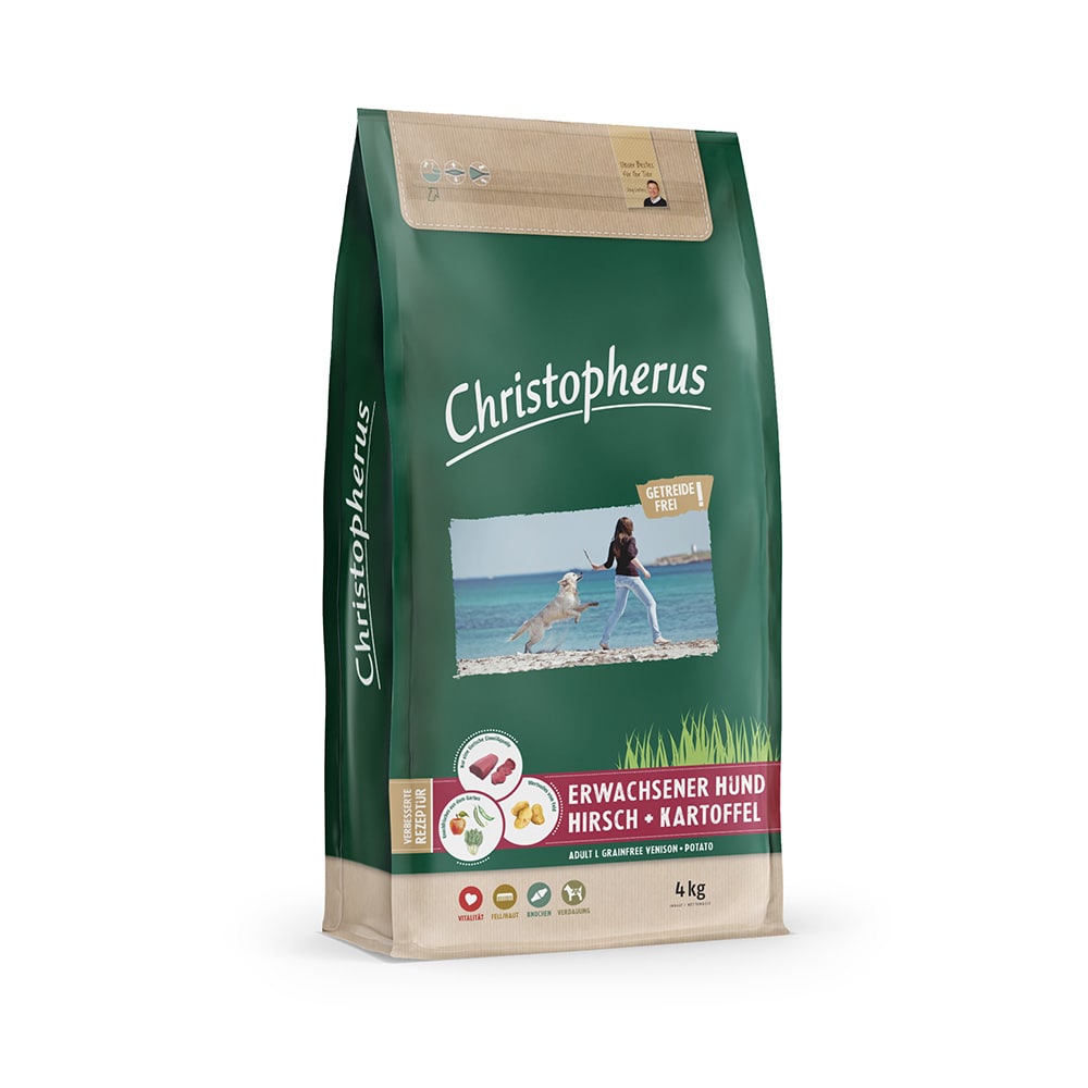 Christopherus Getreidesfreies Premium Trockenfutter für Hunde erwachsener und ausgewachsener Hund Sorte Hirsch und Kartoffel 4kg Verpackung