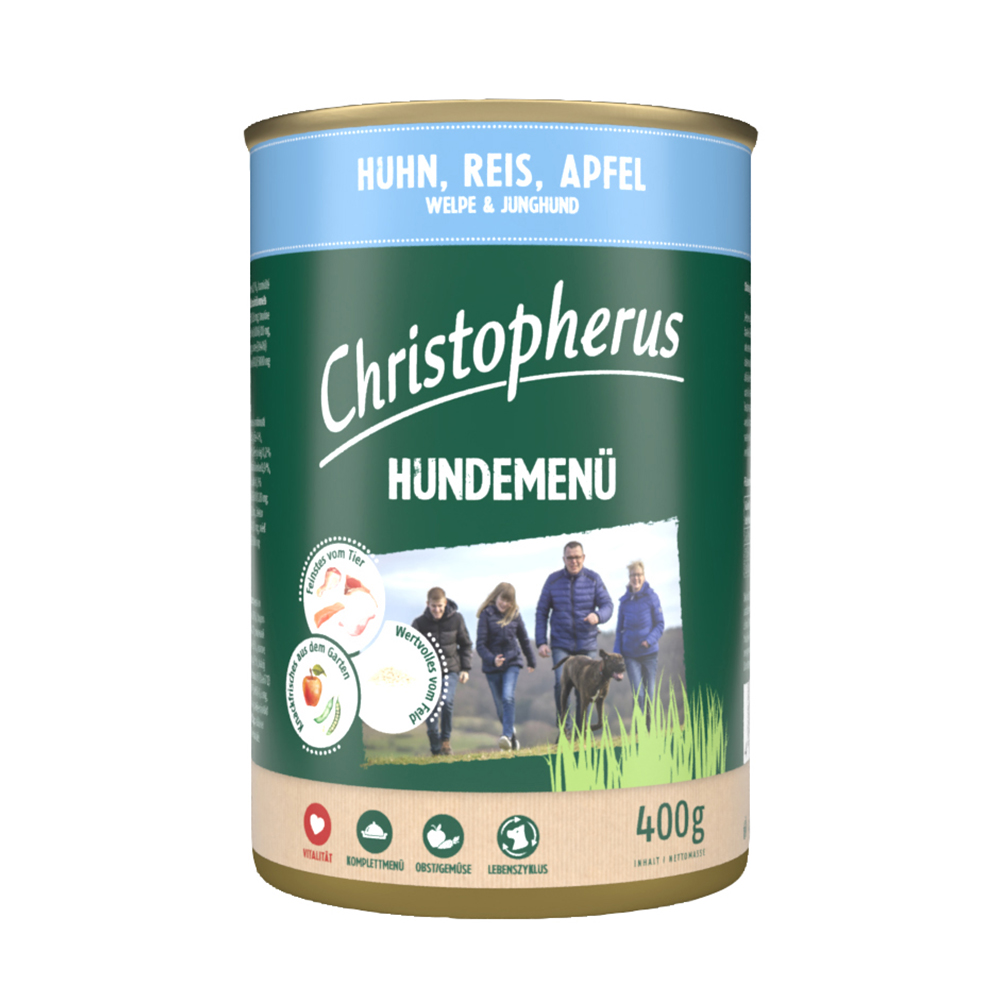 Christopherus Hundemenü Junior mit Huhn, Reis, Apfel (6er Pack)