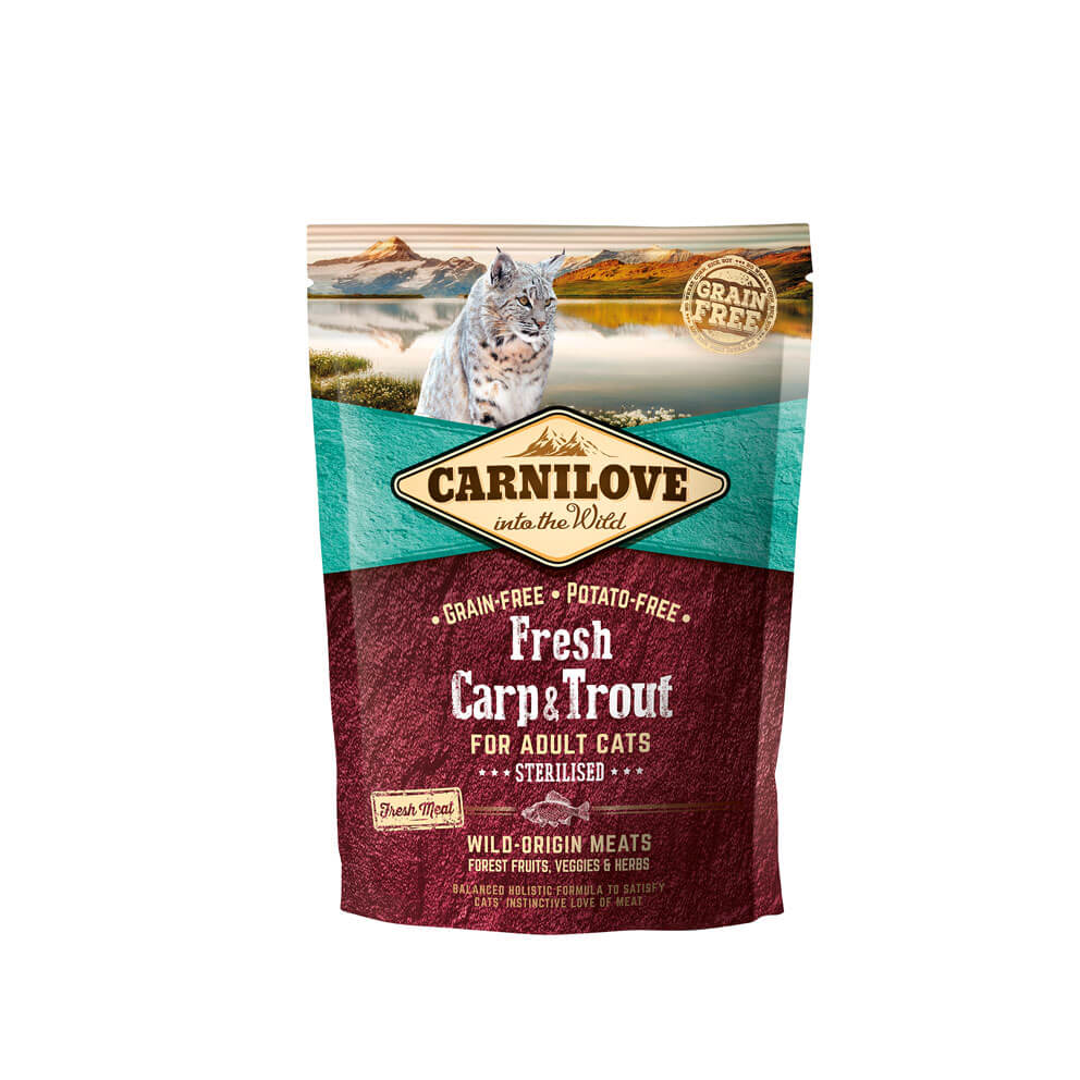 Carnilove Katze Premium Trockenfutter Fresh Carp Trout Sterilised Karpfen Forelle sterilisierte Katzen 50g Verpackung Probe